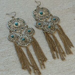 turquoise and gold large statement earrings